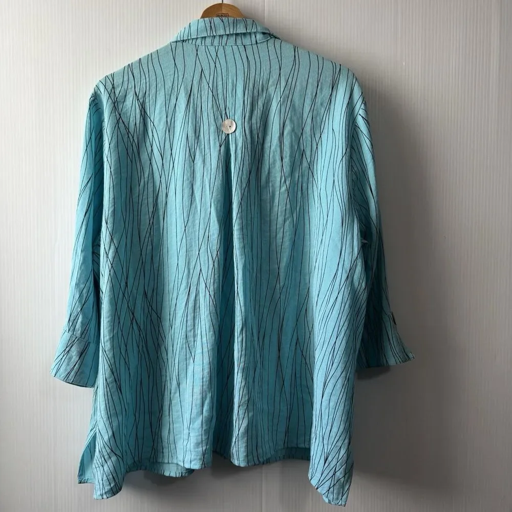 Ali Miles PXL Women’s Turquoise Abstract Stripe Button Front 3/4 Sleeve Blouse